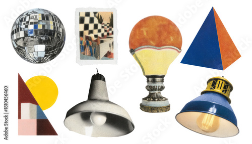 Colorful and Abstract Geometric Shapes and Light Fixtures with Artistic Elements