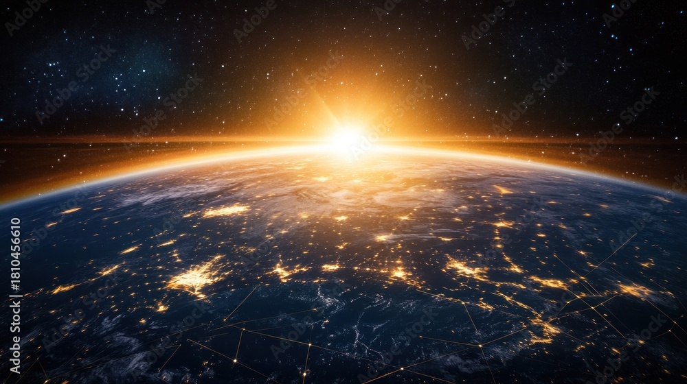 Fototapeta premium Earth at sunrise, city lights glowing, starry expanse