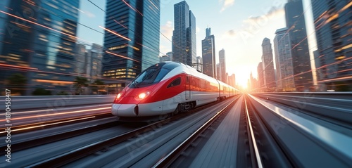 Modern red white high speed train moves fast on railway tracks. Passes through big city with tall skyscrapers, urban buildings. Motion blur shows incredible speed. Sunset sun creates warm glow on