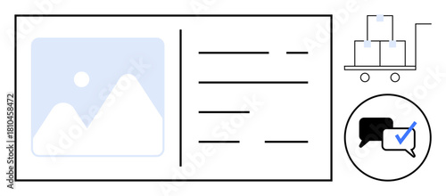Product preview with lines for details, cart with boxes on wheels, and chat bubbles with blue check. Ideal for e-commerce, logistics, delivery, communication, online shopping, feedback customer