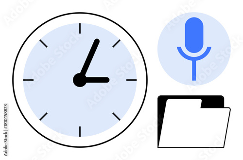 Clock indicating time, microphone symbolizing recording, and folder for storage concepts. Ideal for productivity, organization, work management, planning, scheduling, task tracking simple flat