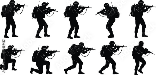 Soldier or military man silhouettes set, armed infantry combat warrior in various action poses: standing, kneeling, running with rifle and tactical gear, vector illustration.