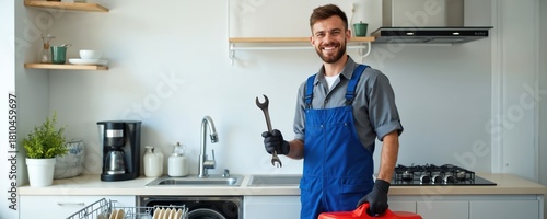Young man repairman wearing blue overall and gloves holding wrench and red toolbox in modern kitchen with washing machine and dishwasher. Service technician ready to work.