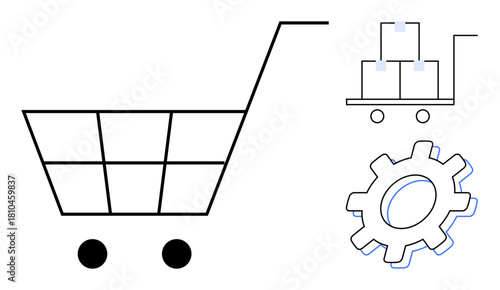 Shopping cart linked to boxes on trolley and gear symbolizing buying, delivery management, and system operations. Ideal for retail, e-commerce, logistics, business strategy, supply chain, automation