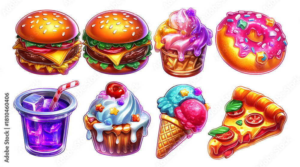 Fototapeta premium Colorful Fast Food and Dessert Illustration with Icons of Burgers, Ice Cream, and More