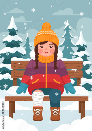 Little girl with bandaged knee sitting on bench in winter park for healthcare design concept