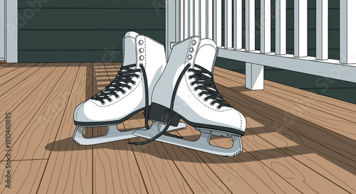 White ice skates on wooden porch for winter sport design and seasonal holiday activity concept