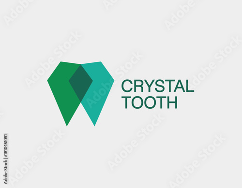 This logo showcases a modern, stylized crystal tooth design in shades of green, representing dental care, cleanliness, and innovation for dental practices and brands.