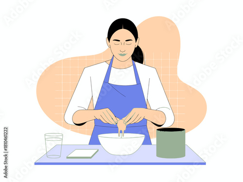 A focused woman skillfully cracking eggs into a bowl, showcasing a step in cooking, emphasizing culinary skills, precision, and the love for home-cooked meals.
