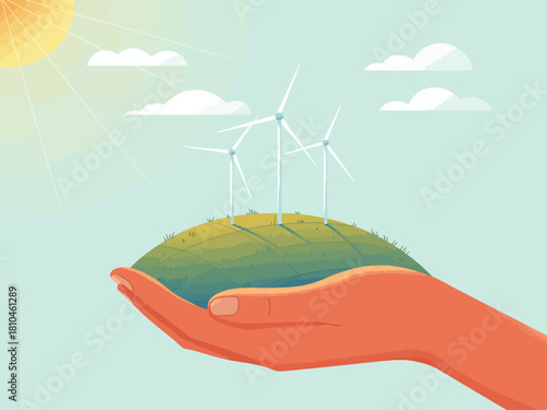 A vibrant illustration depicting a human hand cradling a green landscape featuring wind turbines, symbolizing sustainability, eco-friendliness, and the protection of our planet.