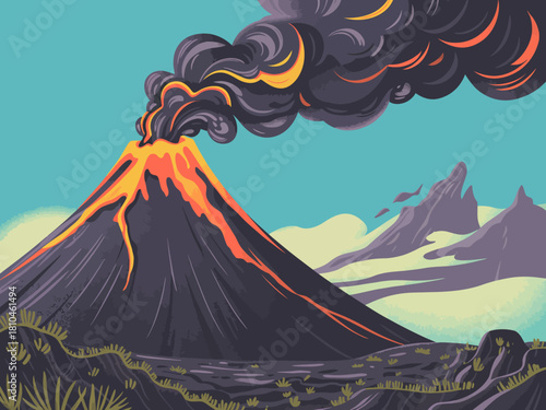 A stunning illustration of an erupting volcano, showcasing vibrant lava flowing down its slopes, surrounded by a dramatic sky filled with black smoke. Nature's raw power.