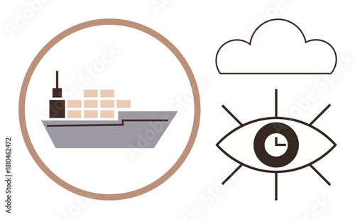 Cargo ship with stacked containers encircled by a border, alongside an eye with a clock center and a cloud. Ideal for logistics, trade, time management, cloud storage, global shipping, efficiency