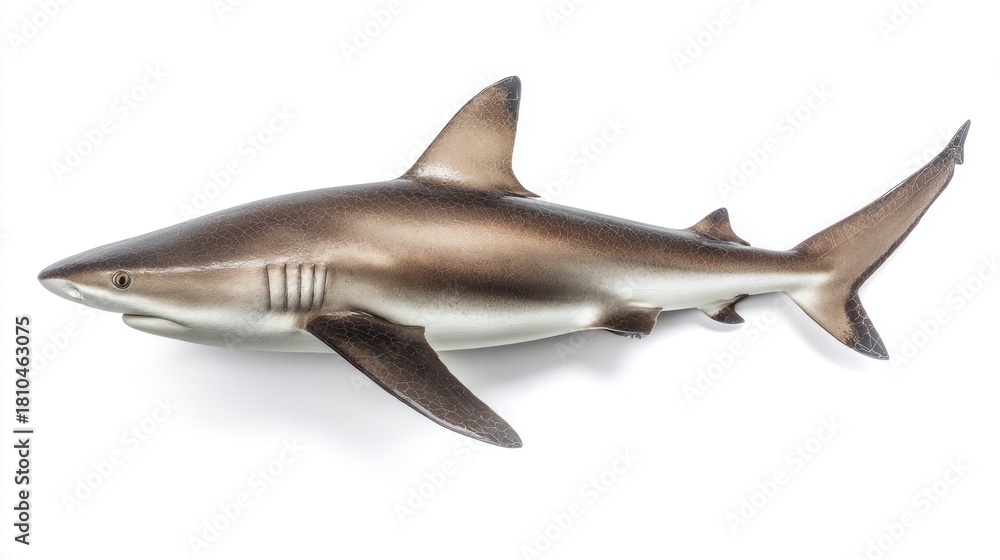 Fototapeta premium A sleek, grey shark figurine isolated against a stark white background. It displays intricate details and realistic coloration