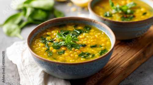Red lentil dal soup with spinach