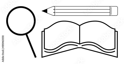 Open book with curved pages, magnifying glass, and pencil. Ideal for education, research, reading, study, inquiry analysis learning tools. Clean modern simple flat metaphor