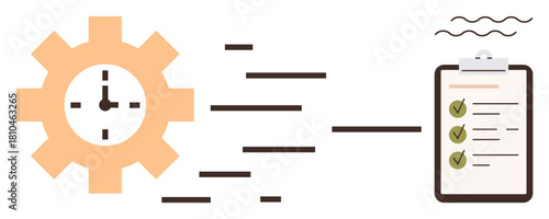 Gear with clock symbol beside a clipboard with checkmarks, implying productivity, scheduling, and task prioritization. Ideal for project planning, efficiency, workflow, deadlines, organization