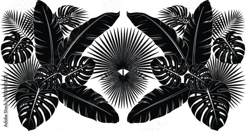 Tropical leaves silhouette vector composition, black palm and monstera foliage illustration, jungle nature background design isolated on white, botanical summer decoration element.