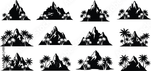Tropical mountain silhouette vector set, island palm trees black icon collection, summer beach nature landscape illustration isolated on white background, travel logo elements.