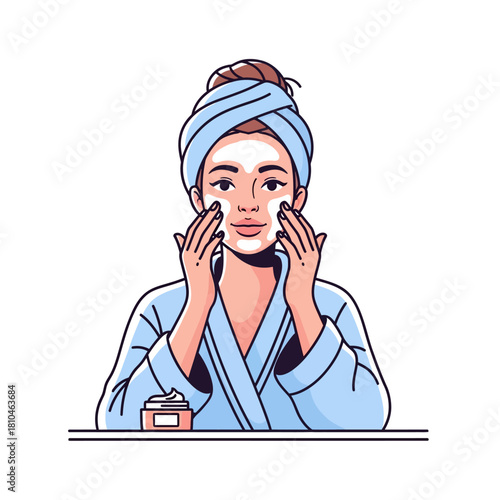 Woman Applying Facial Mask in Bathrobe