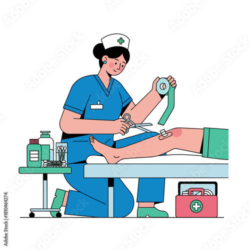 Nurse Administering First Aid and Bandaging a Patient's Injury