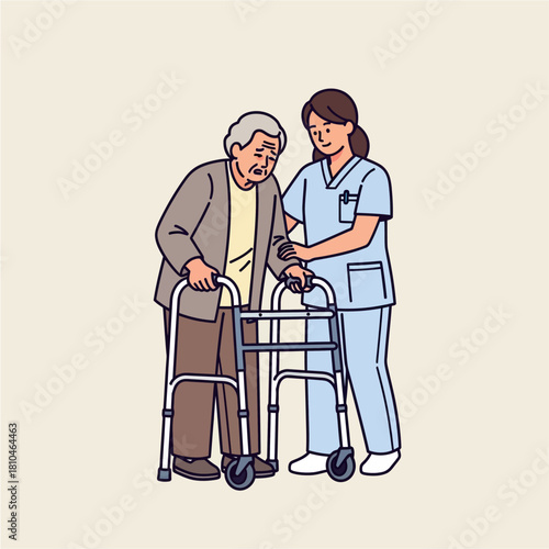 Caring Nurse Assists Elderly Man with Walker