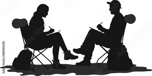 Silhouette of two people sitting on chairs outdoors, drawing and writing, artistic sketching scene, creative activity illustration, teamwork concept