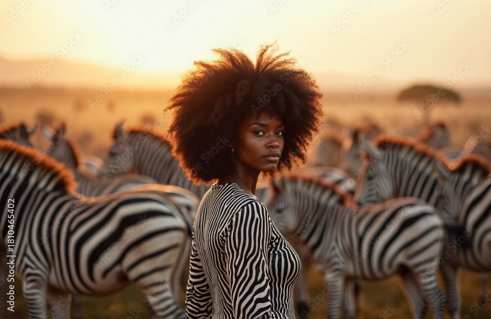 Naklejka premium Black woman with afro stands among zebras during sunset on African savanna. She wears a striped outfit matching animal patterns. Nature and fashion blend in this golden hour scene.
