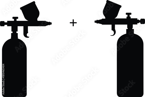 Silhouette dual airbrush spray guns, professional painting equipment illustration, compressed air paint tool set, automotive coating device, industrial artistic spraying system