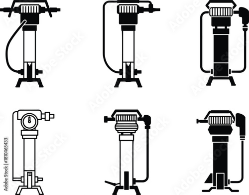 Silhouette industrial jackhammer icons set, pneumatic demolition tool equipment, construction machinery vector illustration, heavy duty power device collection for engineering