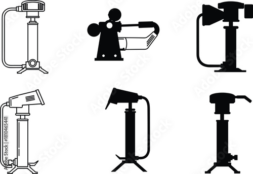 Silhouette industrial hydraulic jackhammer tools set, pneumatic demolition equipment icons, construction machinery vector illustration, heavy duty power device collection for engineering work