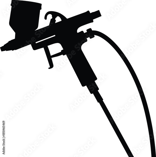Silhouette airbrush spray gun, professional painting tool, automotive paint equipment, artistic spray device, compressed air system, industrial illustration
