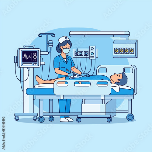 Critical Care Nurse Monitoring Patient in ICU Illustration