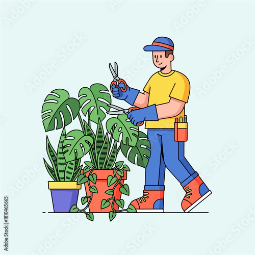 Professional Gardener Pruning Houseplants Illustration
