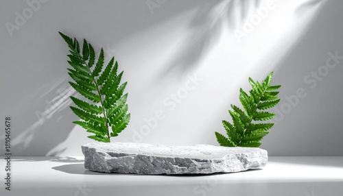 Skincare and cosmetic product showcase stand with stone podium arrangements on gray  background with nature shadow on the wall