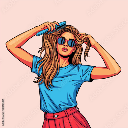 Stylish Pop Art Woman Combing Long Hair