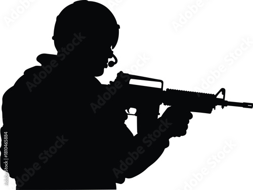 Silhouette tactical soldier aiming rifle, armed military operator in combat stance, security enforcement concept, protective gear illustration, defense readiness posture