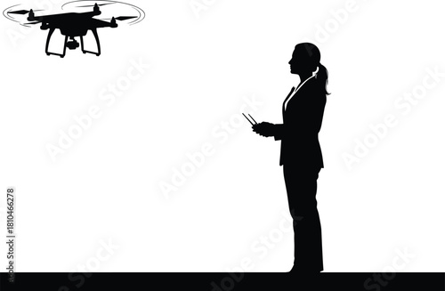 Silhouette business woman operating flying drone, remote control technology, professional aerial surveillance equipment usage, modern aviation concept, outdoor flight activity, innovation