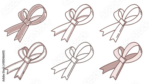 Hand-drawn line art ribbon bows set Vector,  A set of six hand-drawn line art ribbon and bow illustrations in a light brown color with white fills