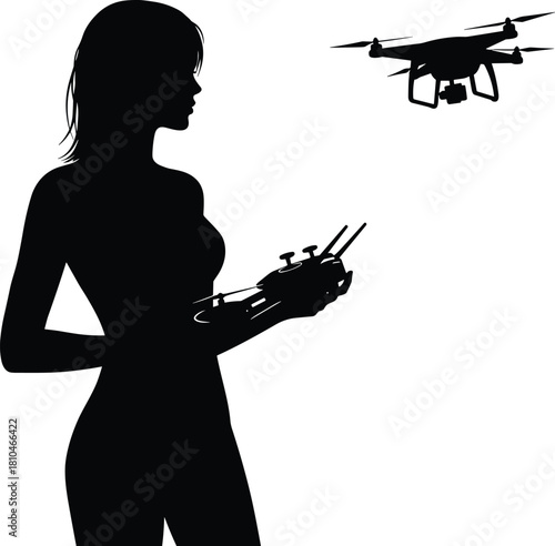 Silhouette woman controlling drone using remote controller, modern aerial technology photography concept, female drone pilot operating quadcopter outdoors, innovative flight equipment