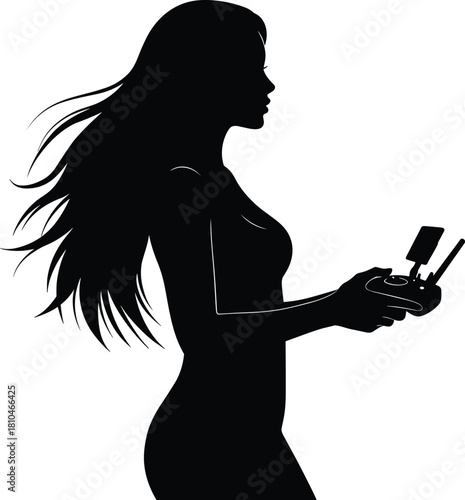 Silhouette woman operating remote controller for drone, modern technology concept, long hair blowing in wind, outdoor flight control activity