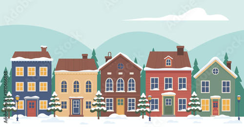 A picturesque scene depicting a row of colorful houses blanketed in snow, evoking a warm and cozy winter atmosphere perfect for seasonal themes.