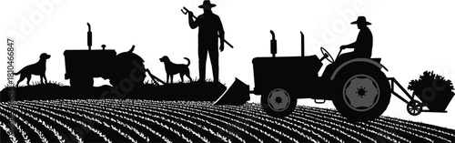 Agriculture farming silhouettes with tractor, farmers working in crop field, dogs, rural harvest cultivation, farmland landscape illustration, crop rows vector design artwork