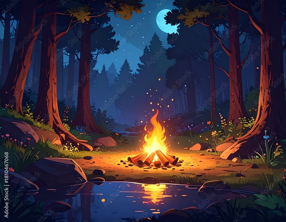 Obraz premium Loop-able campfire animation in an enchanted forest at night. It is a fantasy lofi 