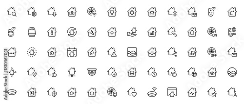 Smart House icon set. Minimal line vector icons pack Includes symbols for wifi camera, settings, securit, automation, assistant, cntrol, temperature, music,and more. Editable stroke.