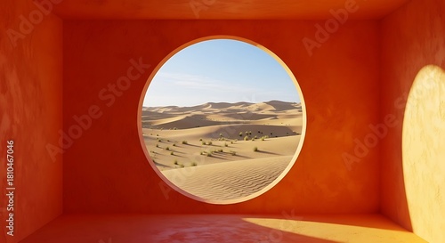 Orange room without furniture and with round window to beautiful view to desert and sands