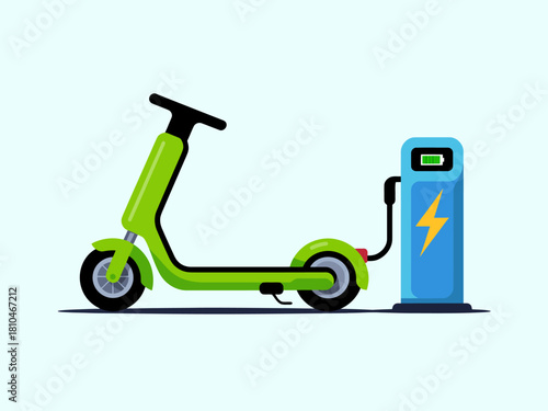 A vibrant green electric scooter is parked beside a sleek charging station, illustrating the shift towards eco-friendly transportation solutions in urban environments.