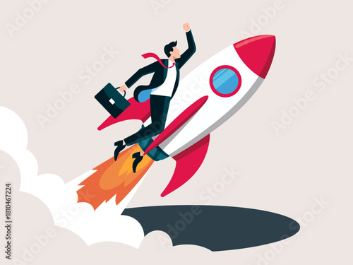 An illustration of an energetic businessperson taking off in a rocket, symbolizing ambition, growth, and the journey toward achieving professional goals and dreams.