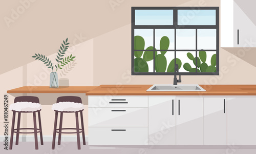 A contemporary kitchen with wooden accents and a large window offers a glimpse of greenery outside, promoting a sense of calm and connection to nature in home design.