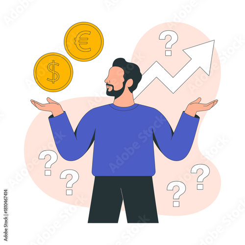 An illustration of a man weighing coins and currency symbols against uncertainty, representing the tension between financial choices and personal questions about wealth.