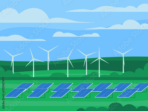 A vibrant landscape featuring multiple wind turbines and solar panels, showcasing renewable energy, sustainability, and the future of clean power generation.